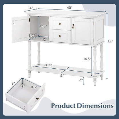 Table console avec 2 tiroirs, 2 armoires à porte, étagère, blanc