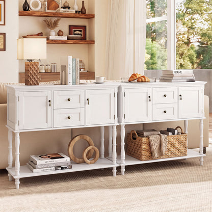 Table console avec 2 tiroirs, 2 armoires à porte, étagère, blanc