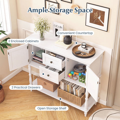 Table console avec 2 tiroirs, 2 armoires à porte, étagère, blanc
