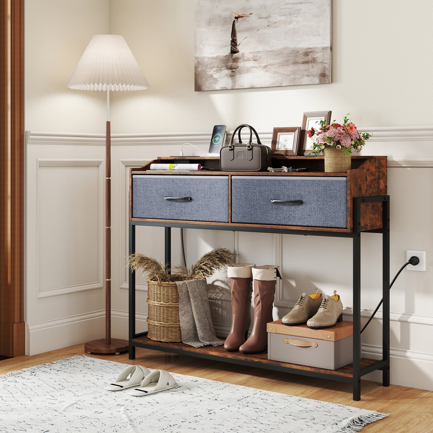 Table console avec station de charge, 110 cm, brun rustique