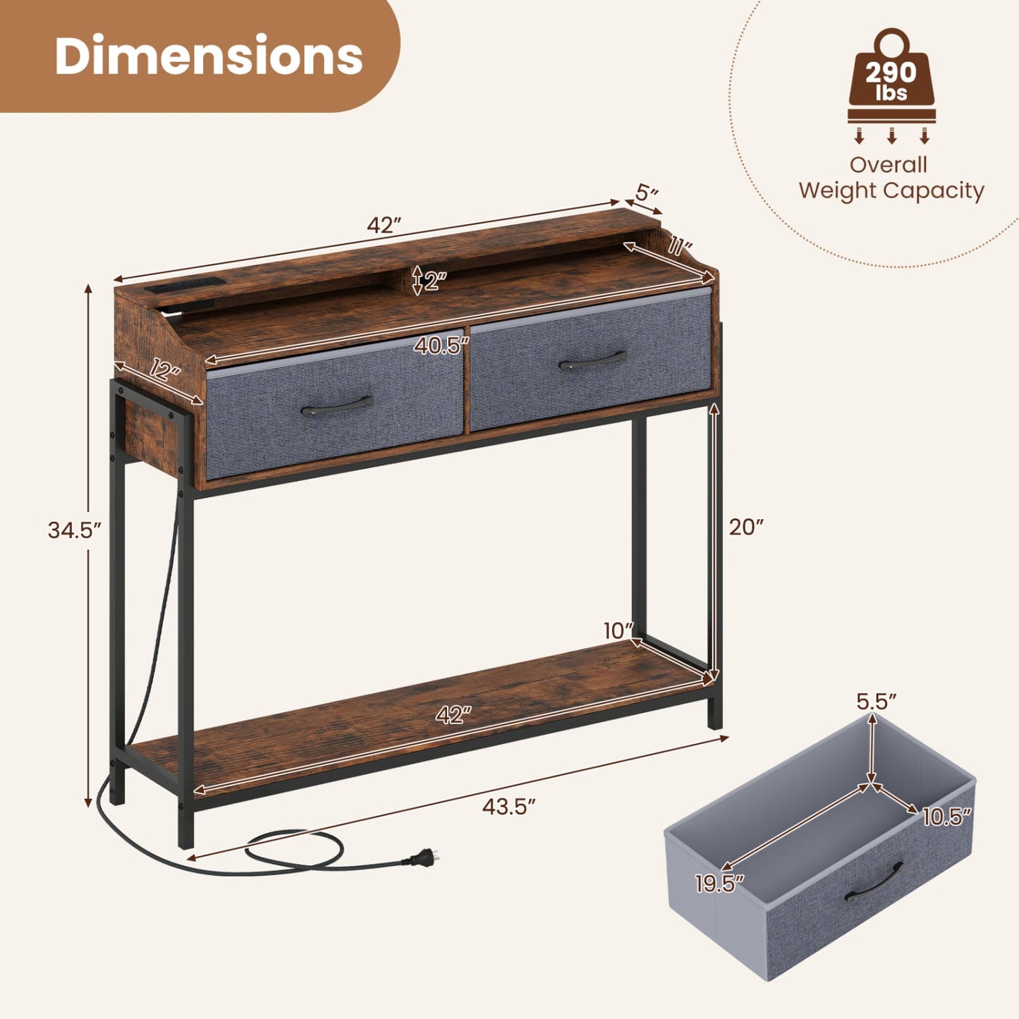 Table console avec station de charge, 110 cm, brun rustique