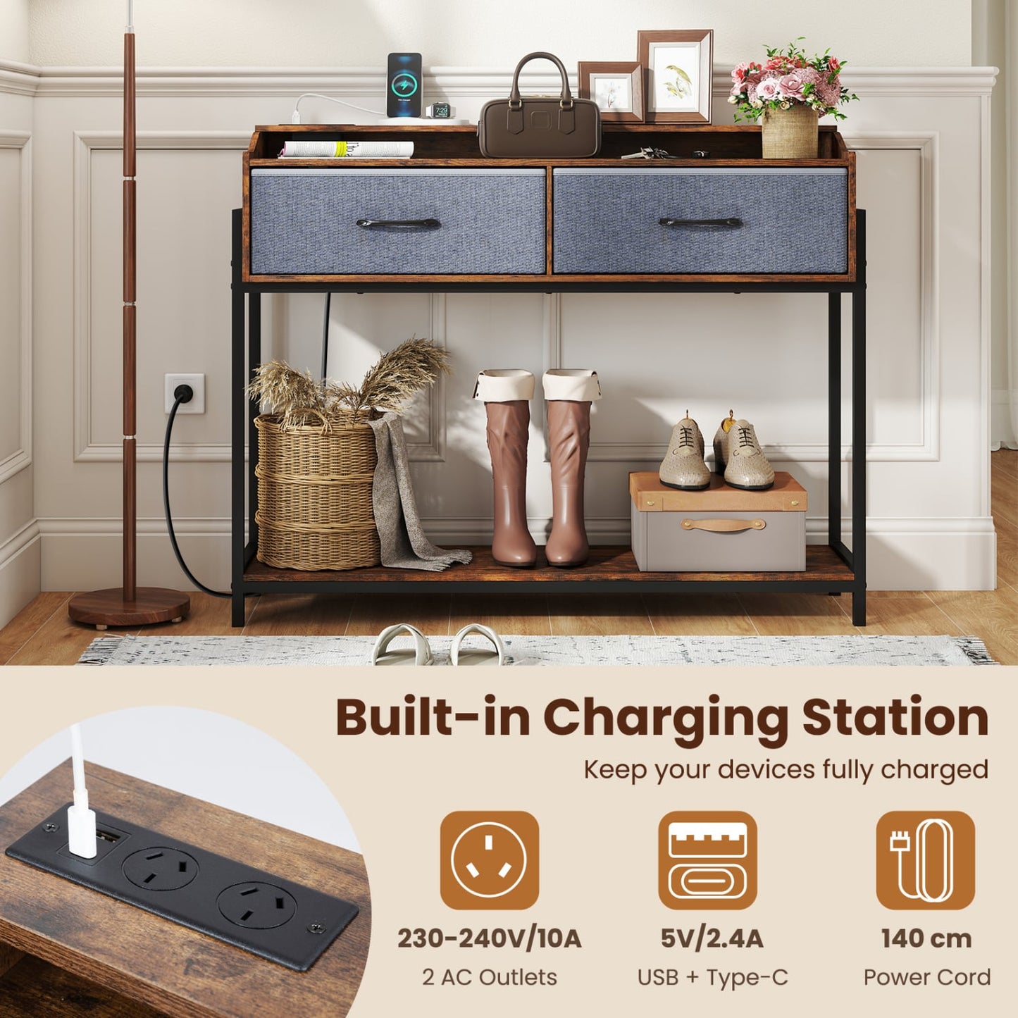 Table console avec station de charge, 110 cm, brun rustique