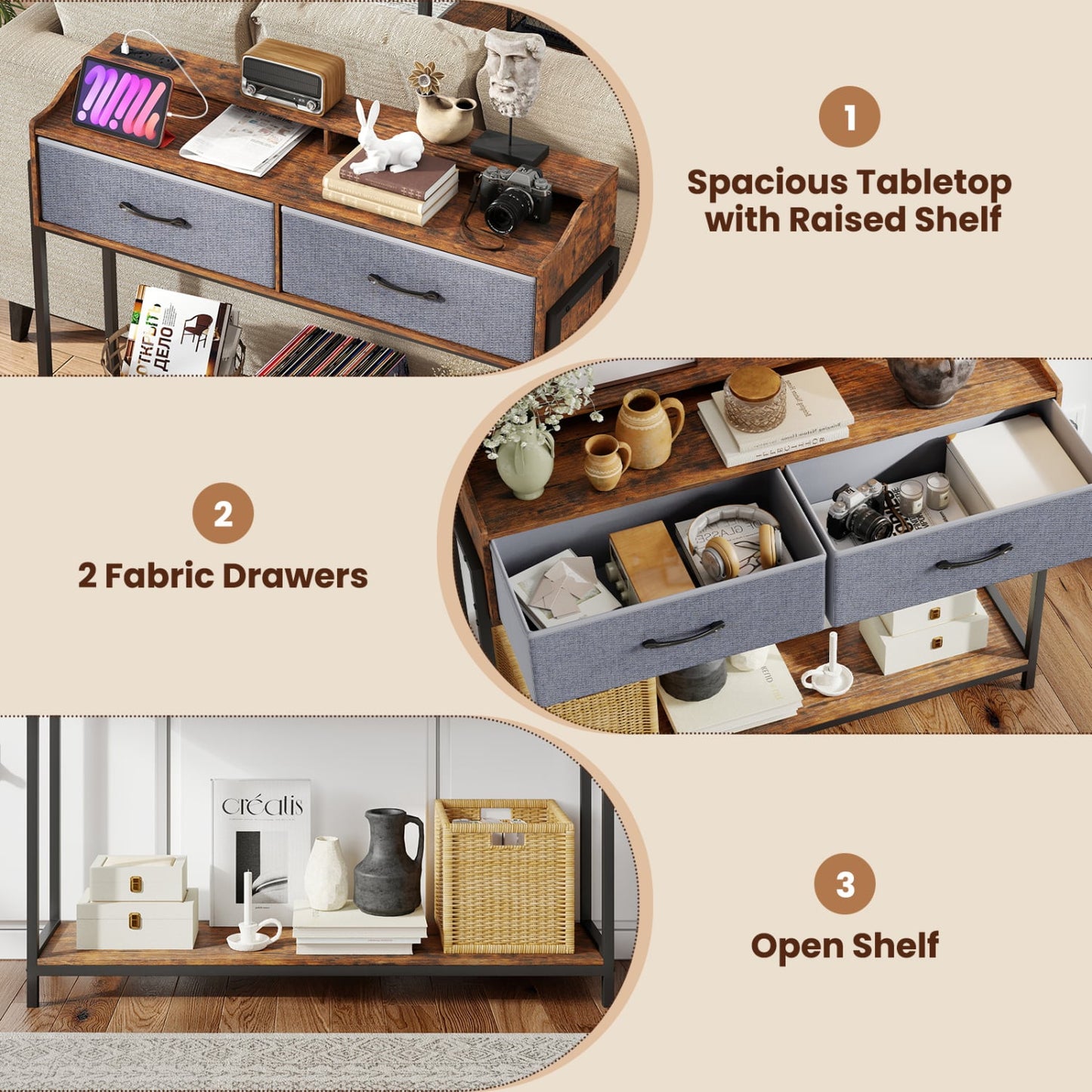 Table console avec station de charge, 110 cm, brun rustique