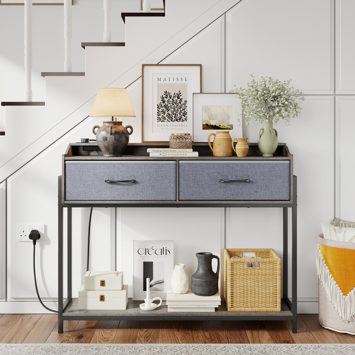 Table console avec station de charge, 110 cm, gris