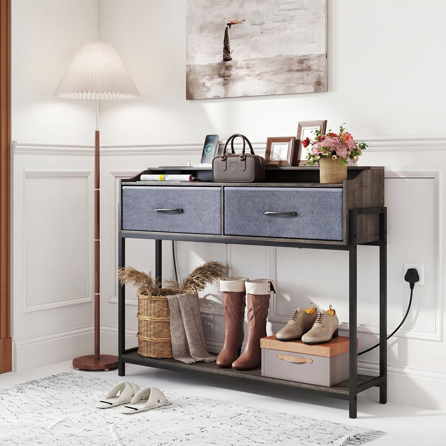 Table console avec station de charge, 110 cm, gris
