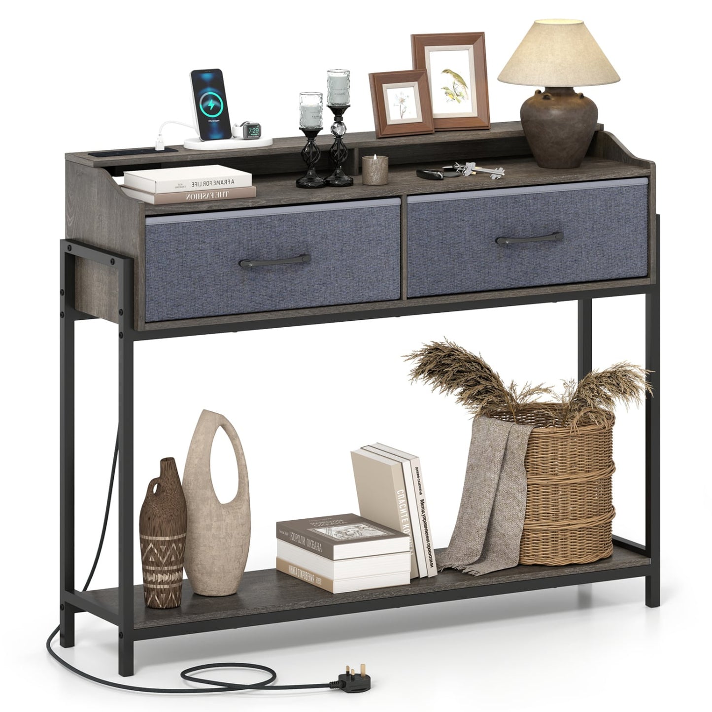 Table console avec station de charge, 110 cm, gris