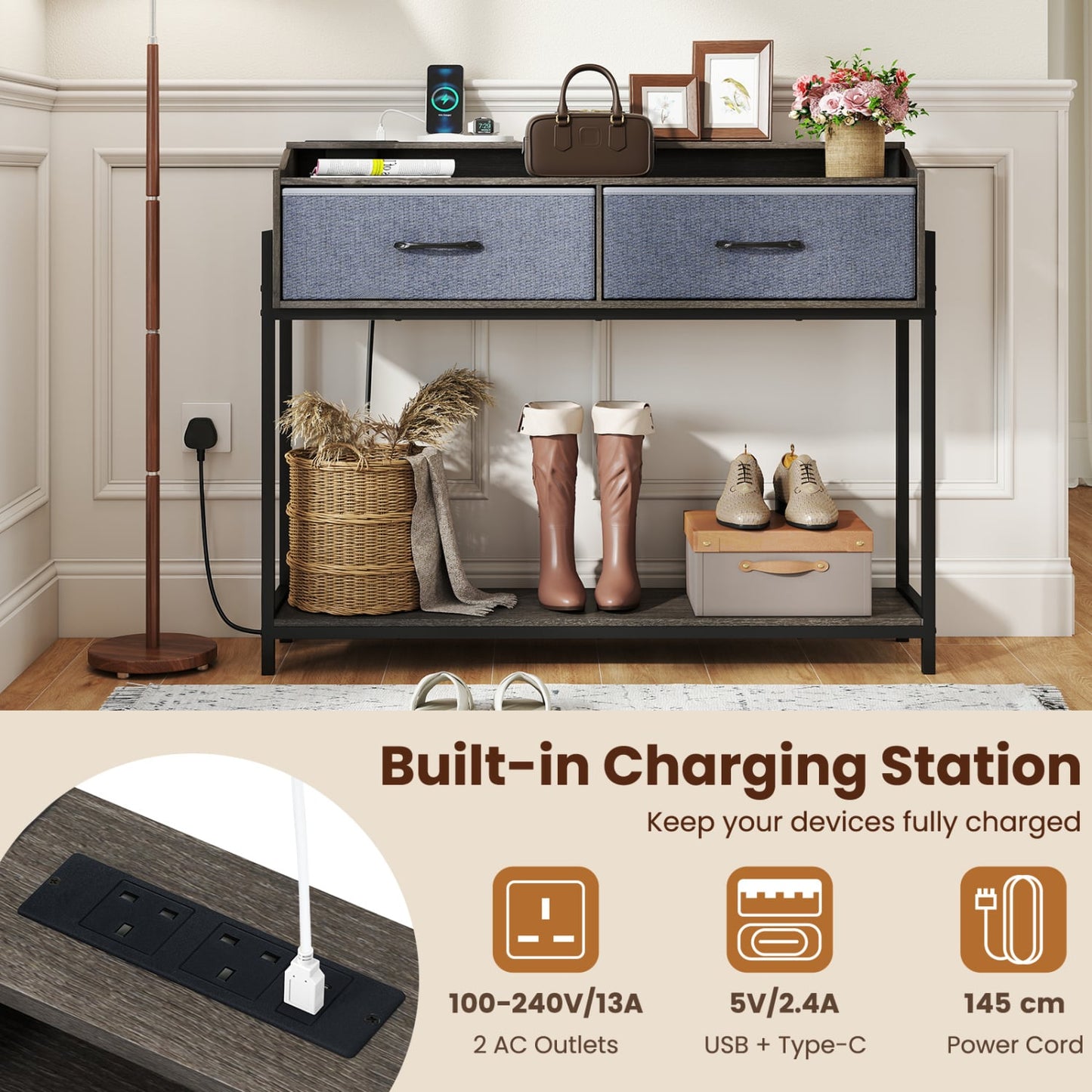 Table console avec station de charge, 110 cm, gris