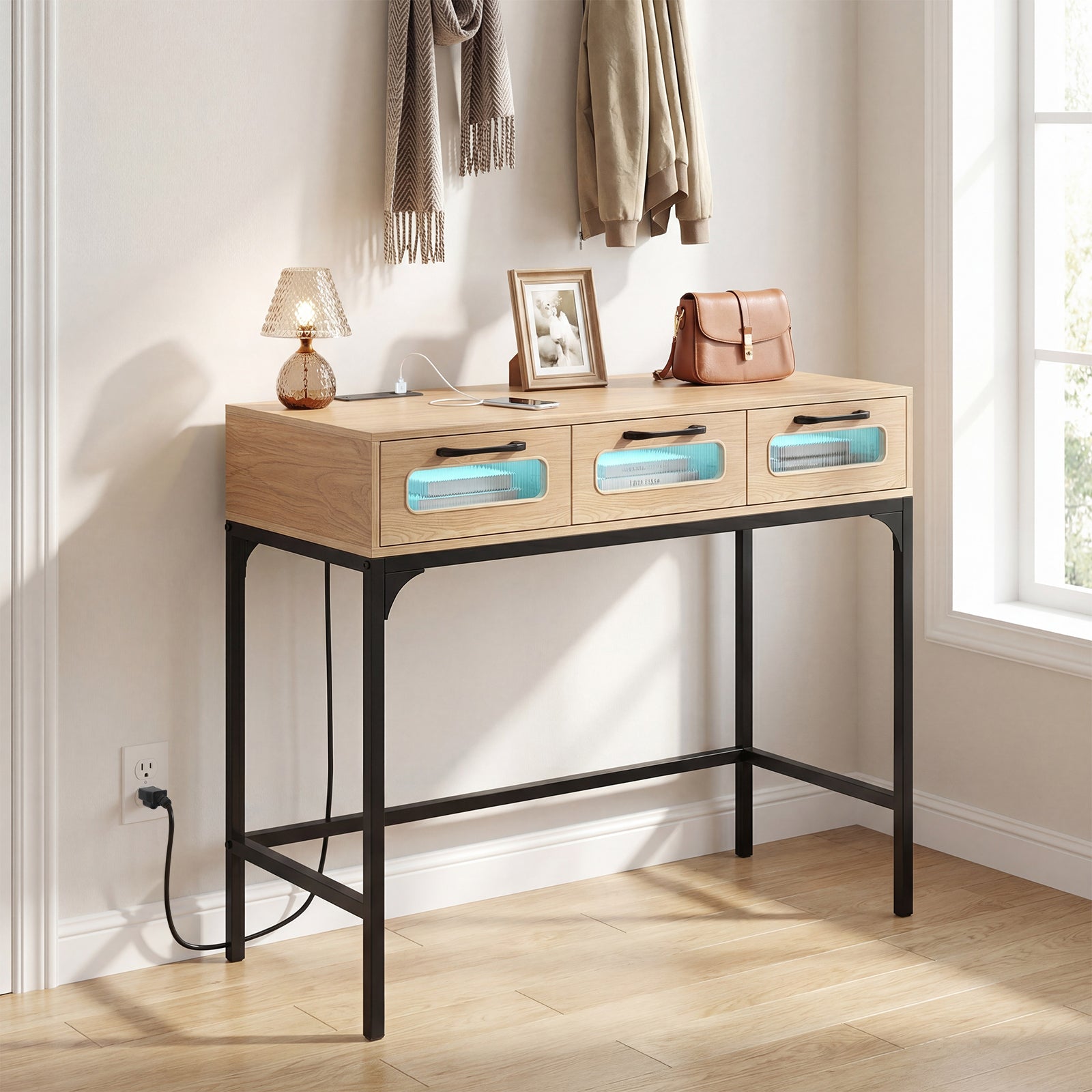 Console Table With LED Lighting, Charging Station, White Console Tables at Gallery Canada