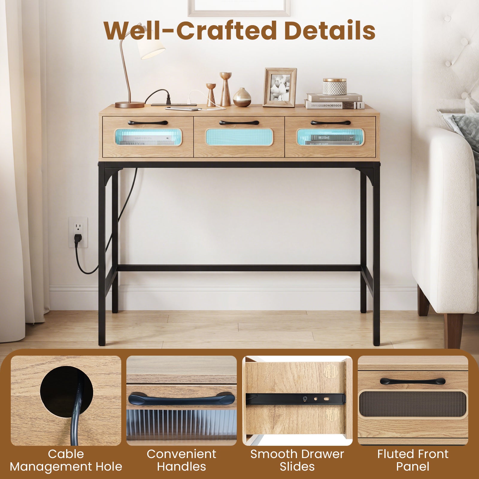 Console Table With LED Lighting, Charging Station, White Console Tables at Gallery Canada