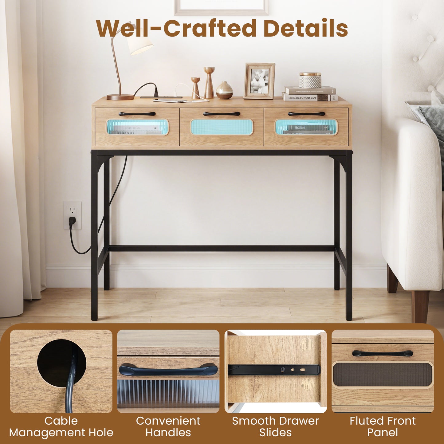 Console Table With LED Lighting, Charging Station, White Console Tables at Gallery Canada
