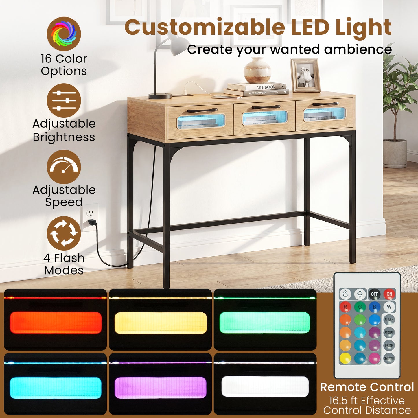 Console Table With LED Lighting, Charging Station, White Console Tables at Gallery Canada
