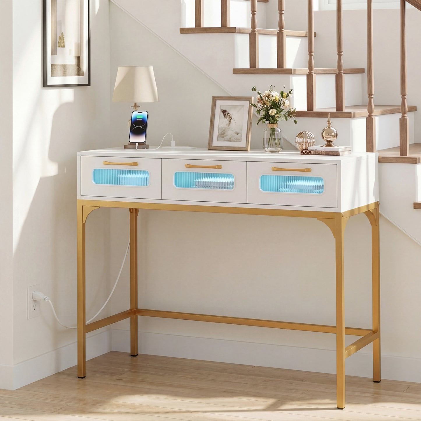 Console Table With LED Lighting, Charging Station, White Console Tables at Gallery Canada