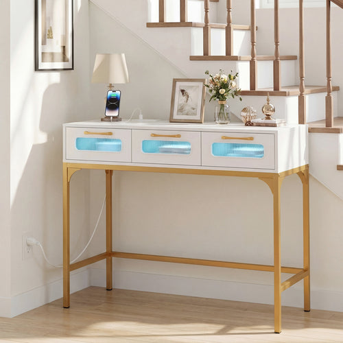 Console Table With LED Lighting, Charging Station, White