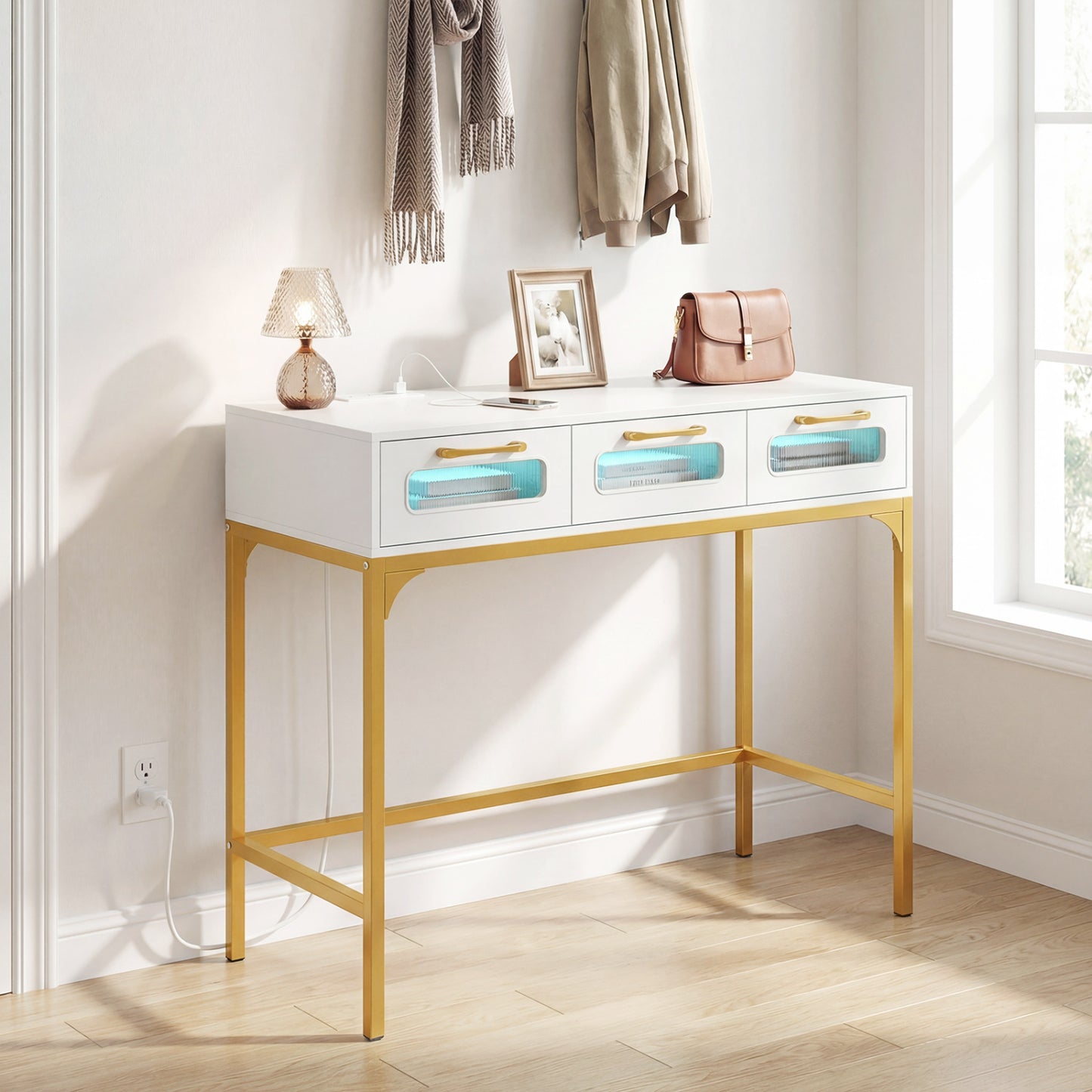 Console Table With LED Lighting, Charging Station, White Console Tables at Gallery Canada