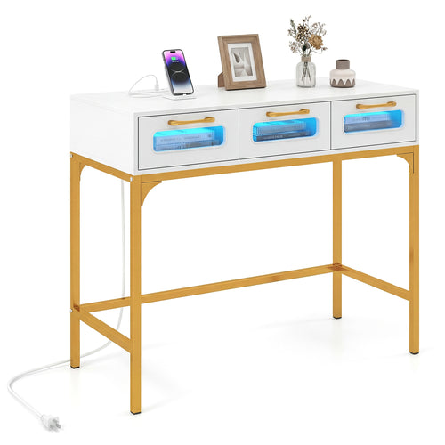 Console Table With LED Lighting, Charging Station, White