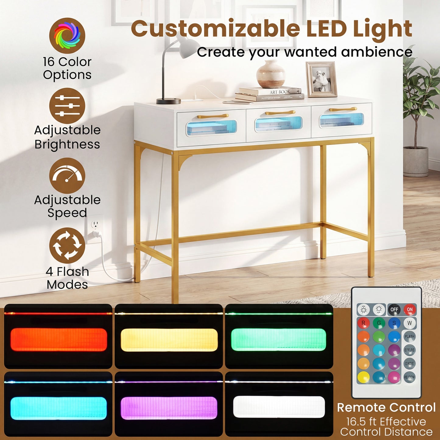 Console Table With LED Lighting, Charging Station, White Console Tables at Gallery Canada