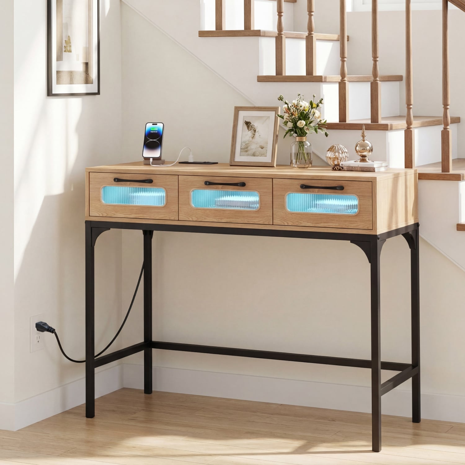 Console Table With LED Lighting & Charging Station, Natural Console Tables at Gallery Canada