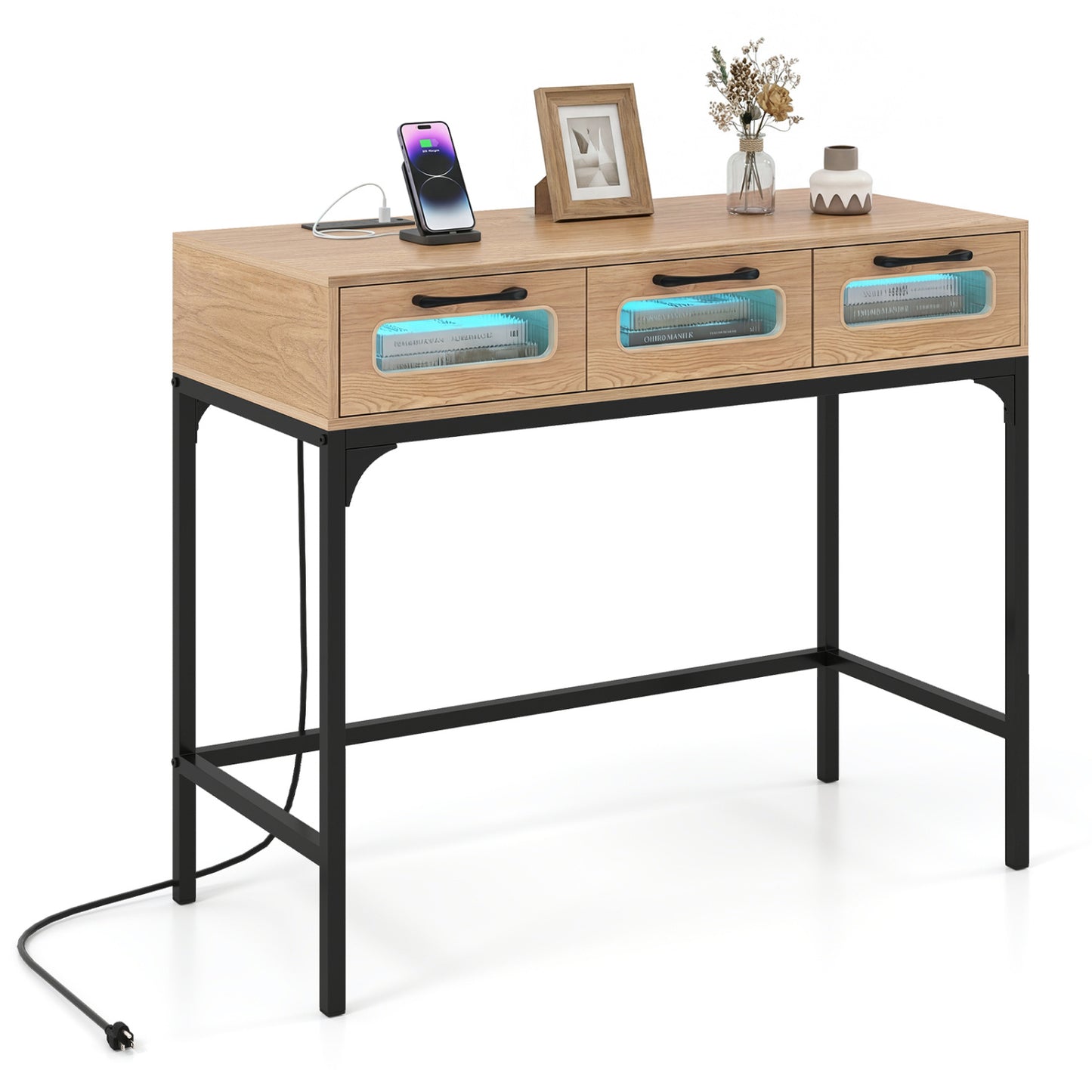 Console Table With LED Lighting & Charging Station, Natural Console Tables at Gallery Canada