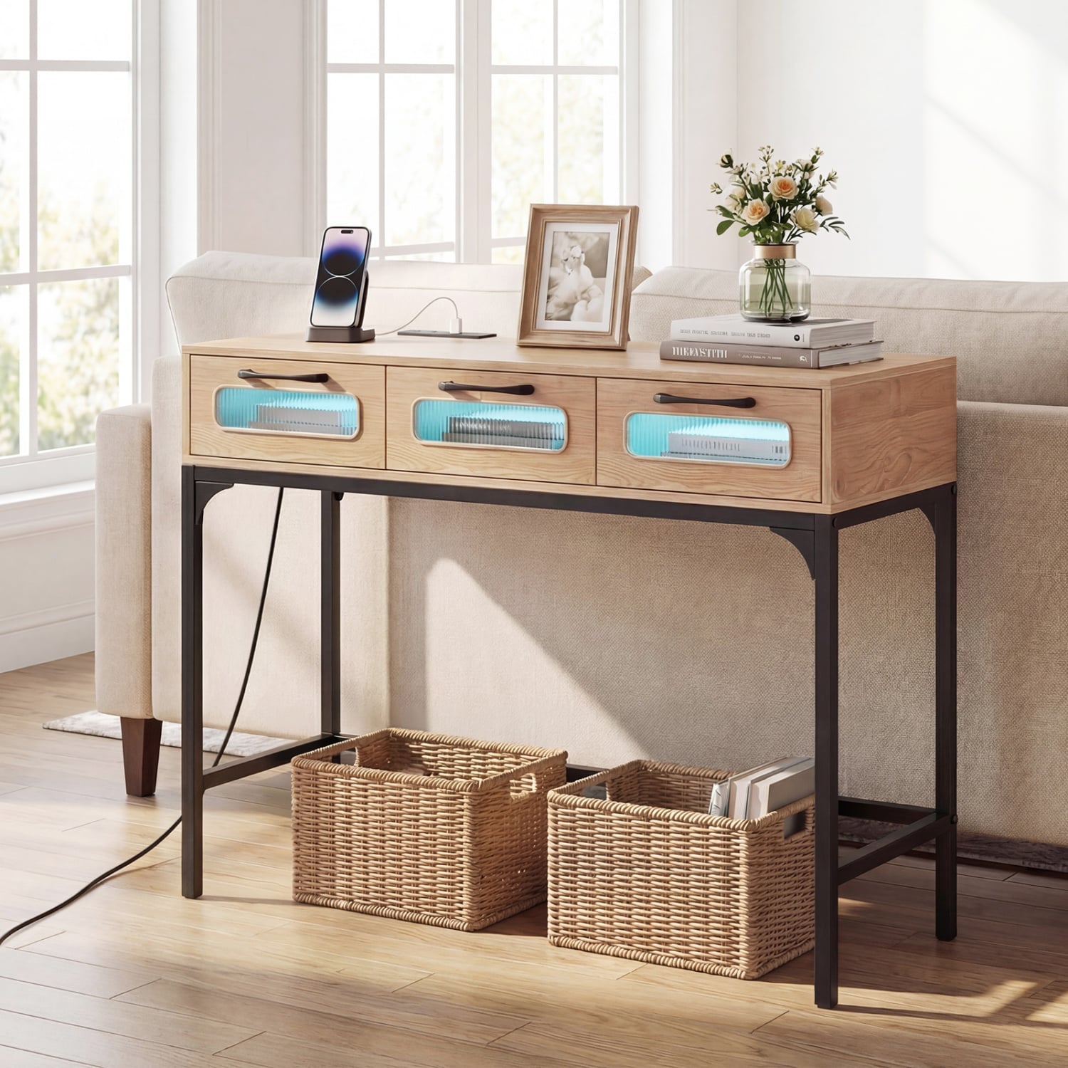 Console Table With LED Lighting & Charging Station, Natural Console Tables at Gallery Canada