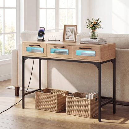 Console Table With LED Lighting & Charging Station, Natural Console Tables at Gallery Canada