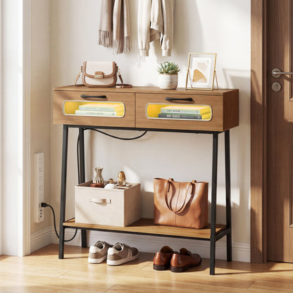 Console Table with LED Lights, Open Shelf, Natural