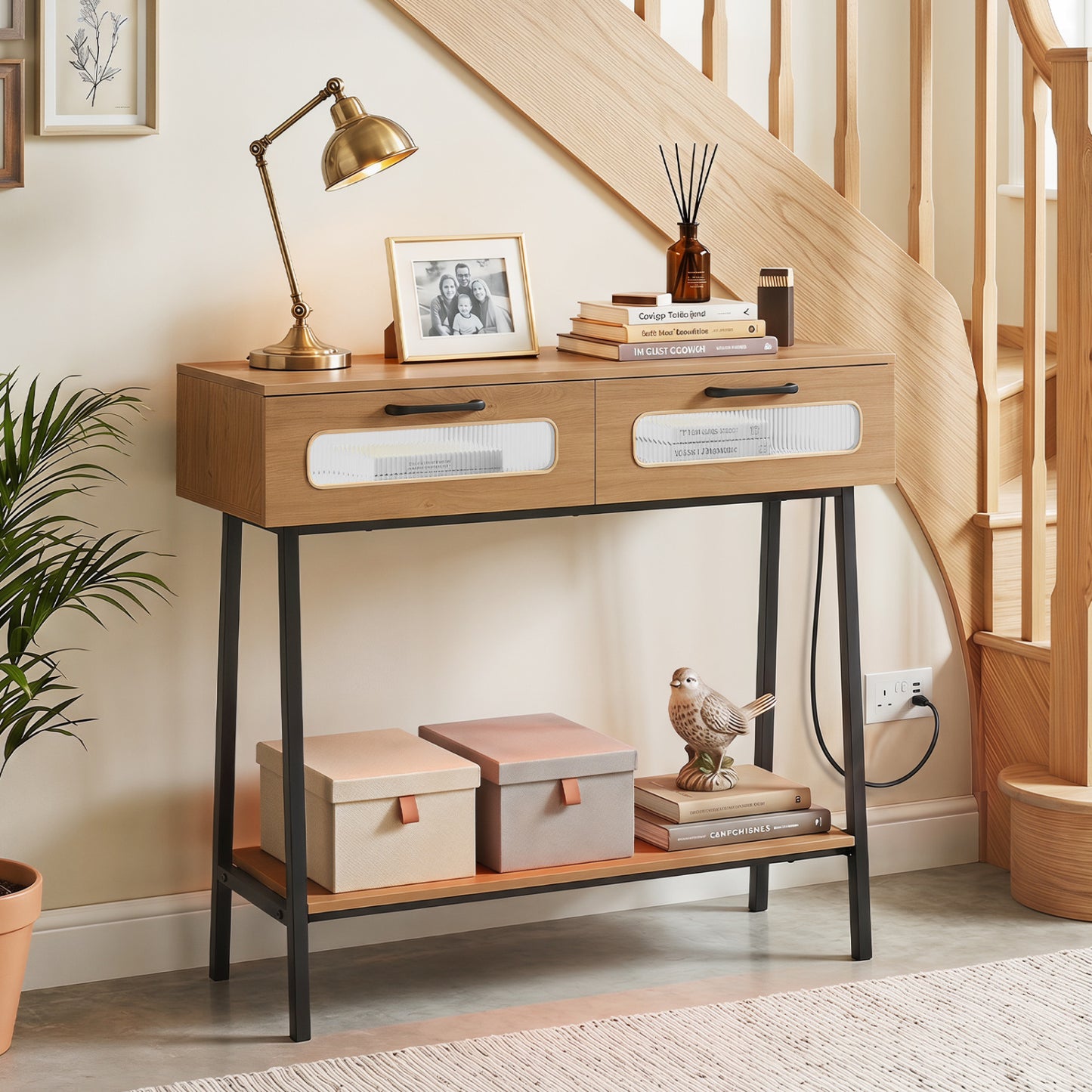 Console Table with LED Lights, Open Shelf, Natural