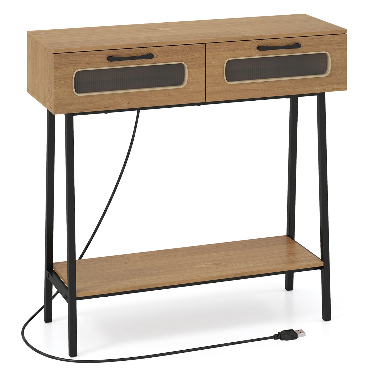 Console Table with LED Lights, Open Shelf, Natural