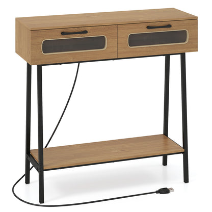 Console Table with LED Lights, Open Shelf, Natural