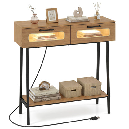 Console Table with LED Lights, Open Shelf, Natural
