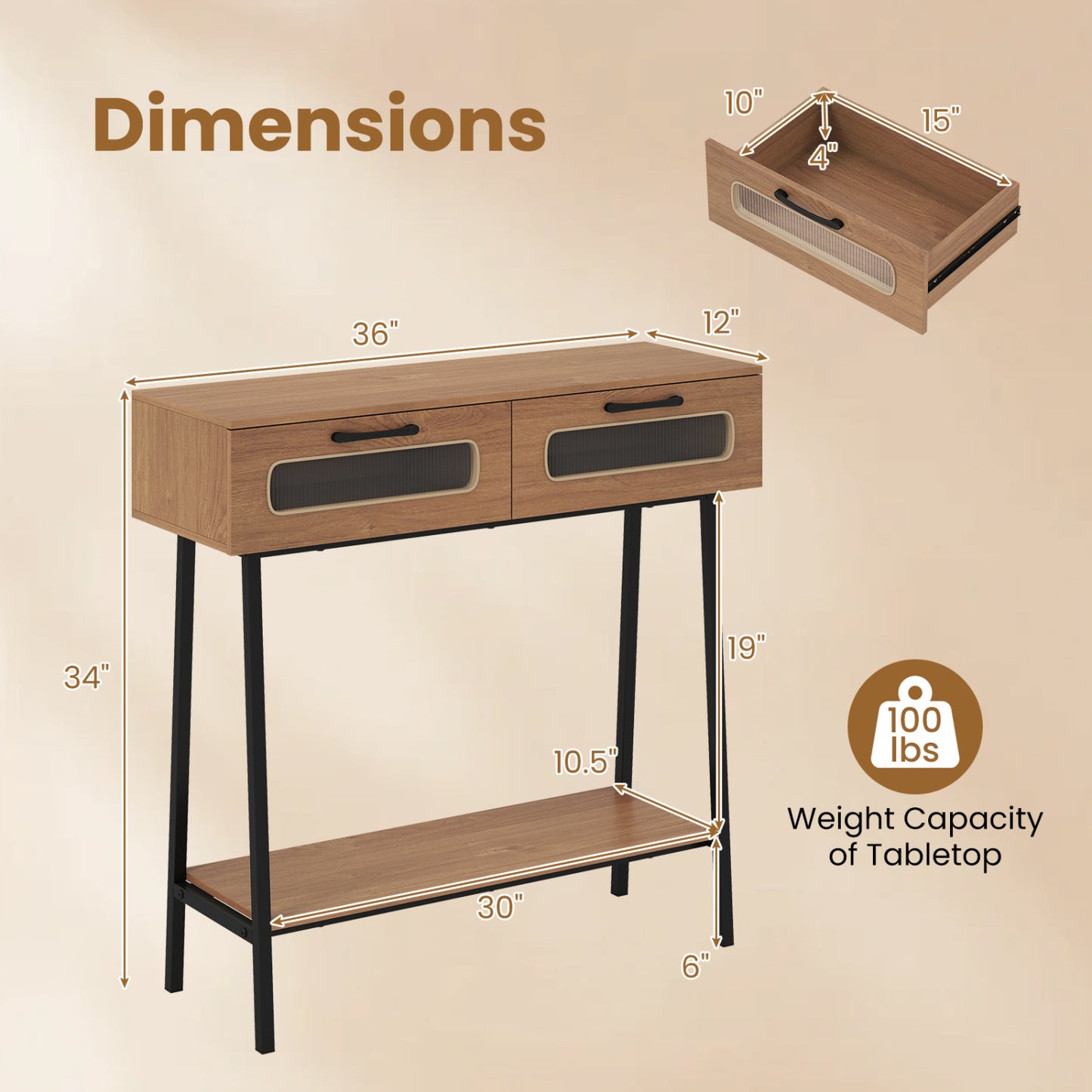 Console Table with LED Lights, Open Shelf, Natural