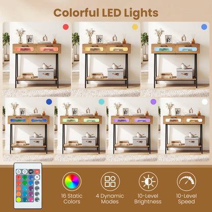 Console Table with LED Lights, Open Shelf, Natural