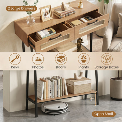 Console Table with LED Lights, Open Shelf, Natural