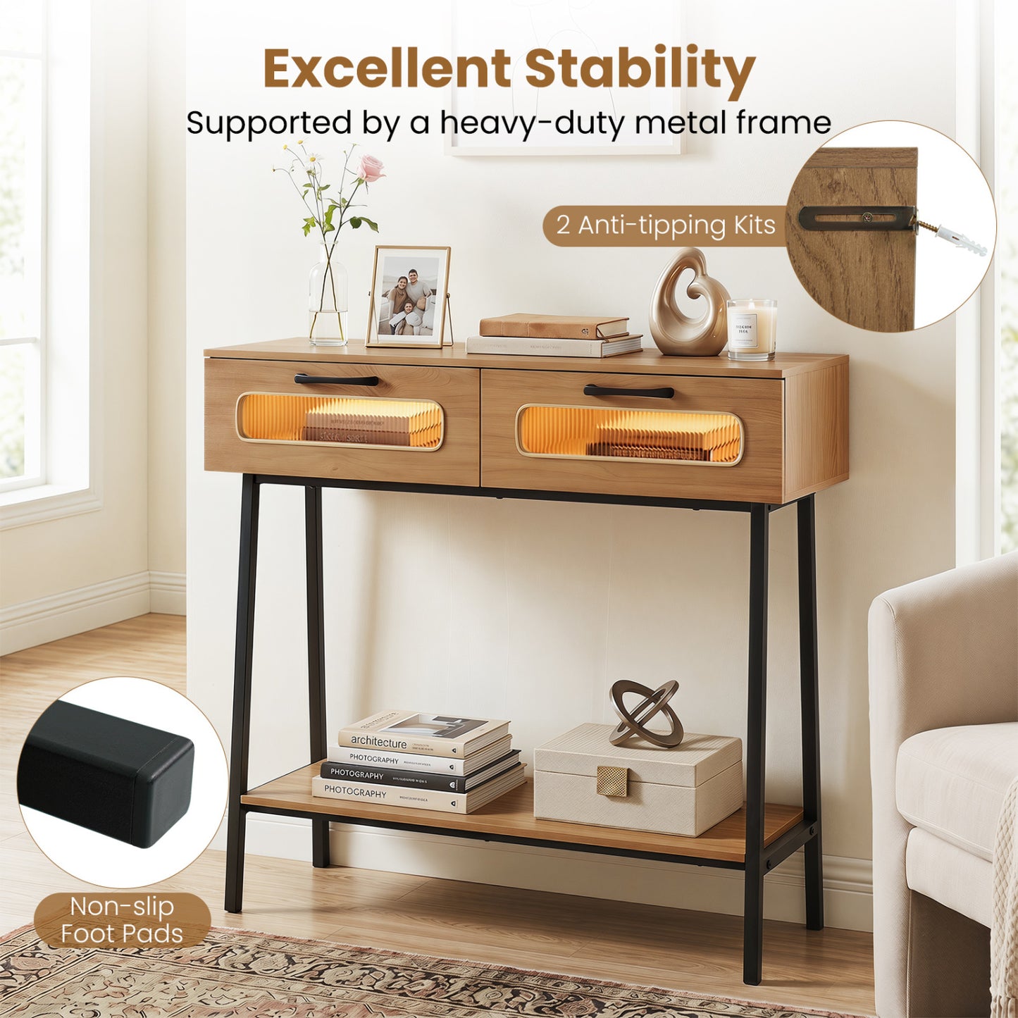 Console Table with LED Lights, Open Shelf, Natural