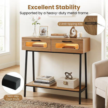 Console Table with LED Lights, Open Shelf, Natural