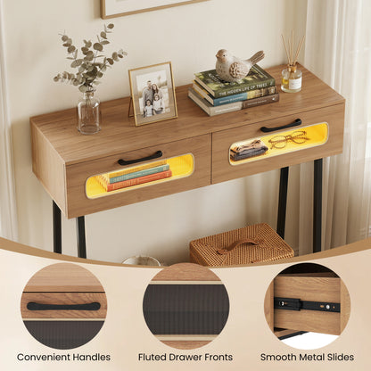 Console Table with LED Lights, Open Shelf, Natural