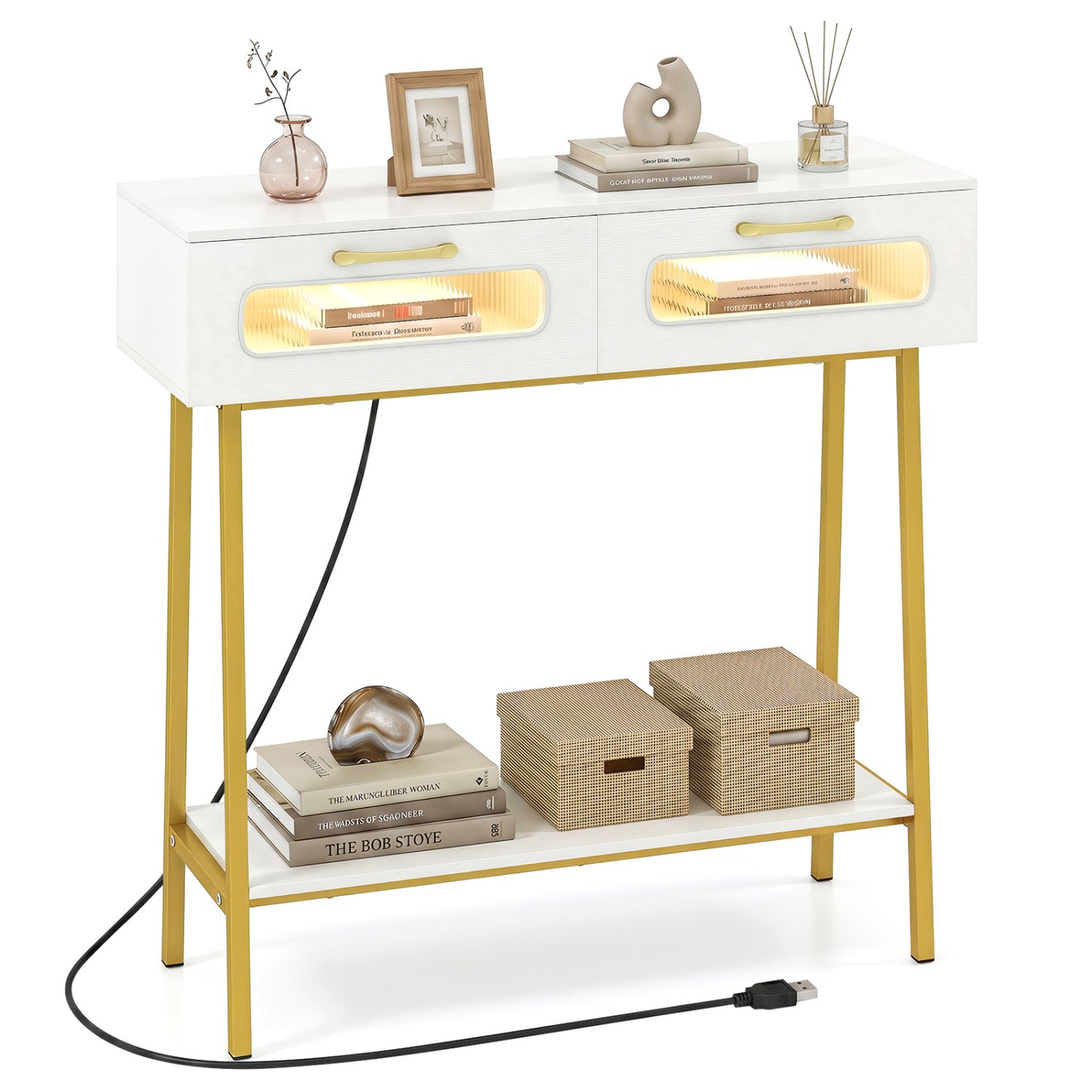 Table console LED avec étagère ouverte, blanc