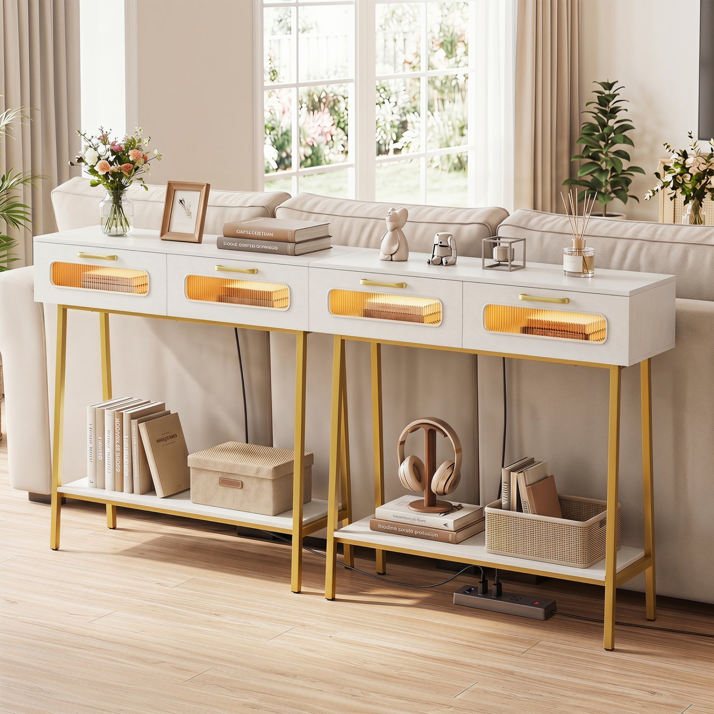 Table console LED avec étagère ouverte, blanc