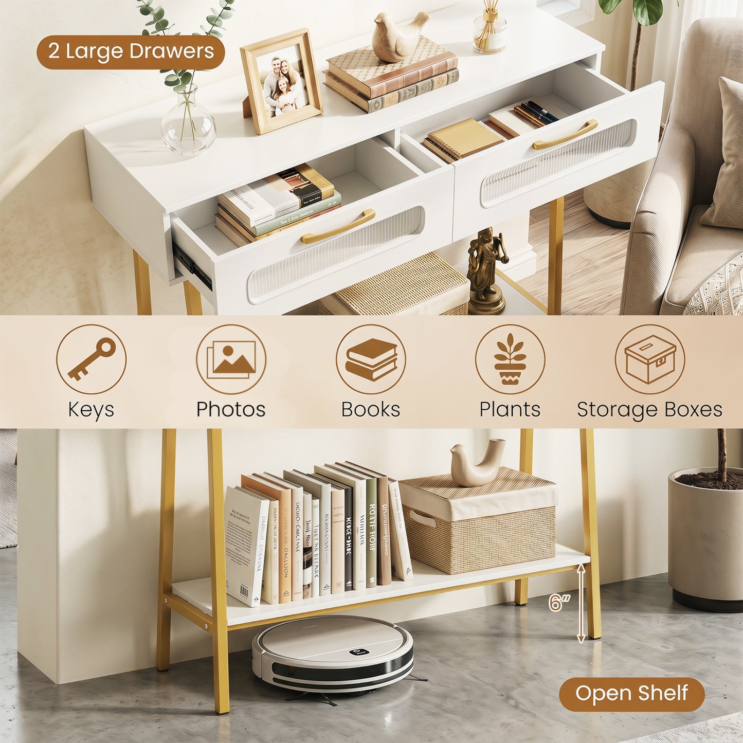 Table console LED avec étagère ouverte, blanc
