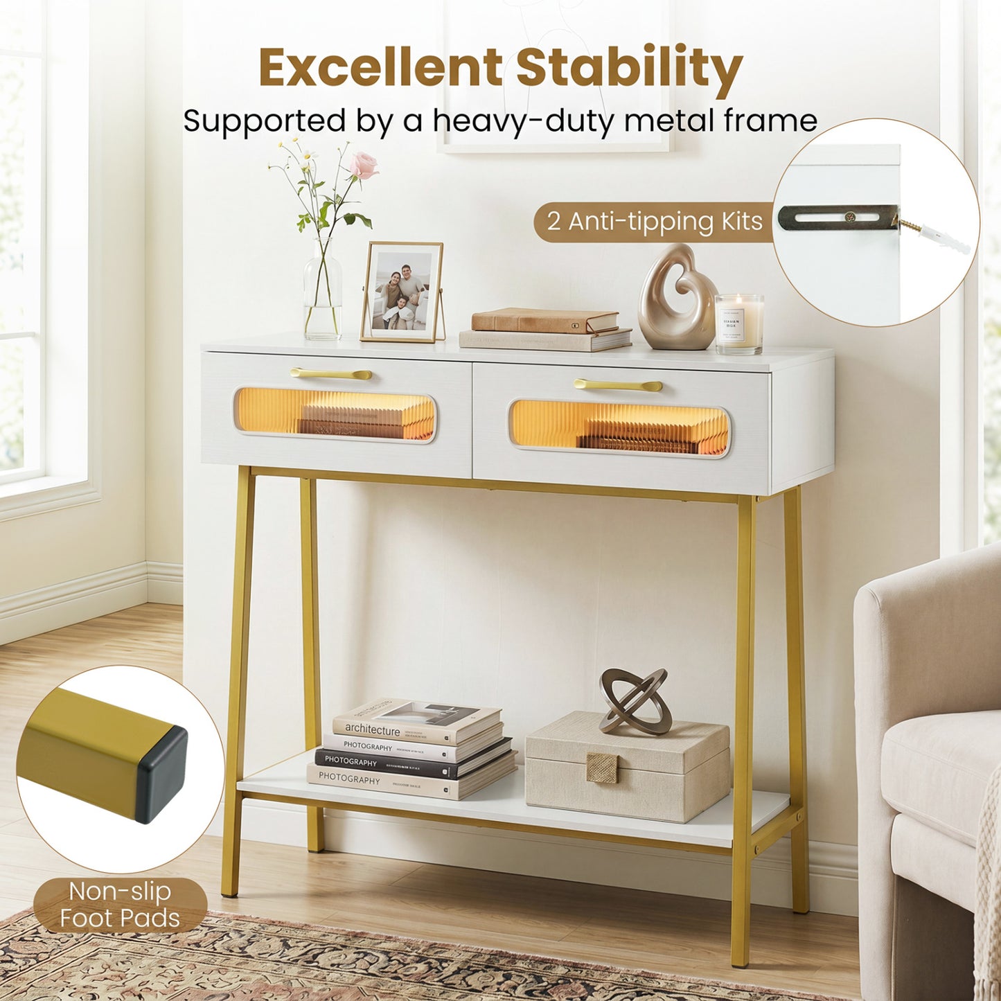Table console LED avec étagère ouverte, blanc