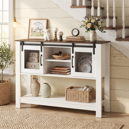 Console Table with Sliding Barn Doors and Storage Cabinets, Rustic Brown Console Tables at Gallery Canada