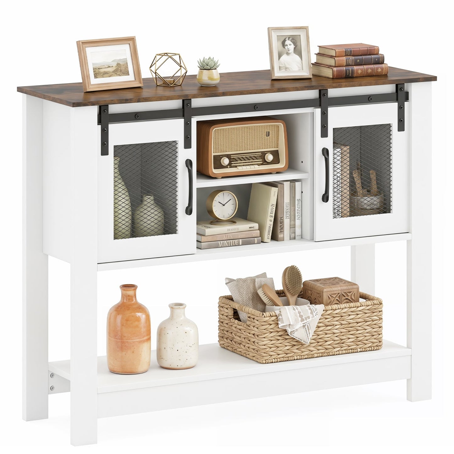 Console Table with Sliding Barn Doors and Storage Cabinets, Rustic Brown Console Tables Rustic Brown at Gallery Canada