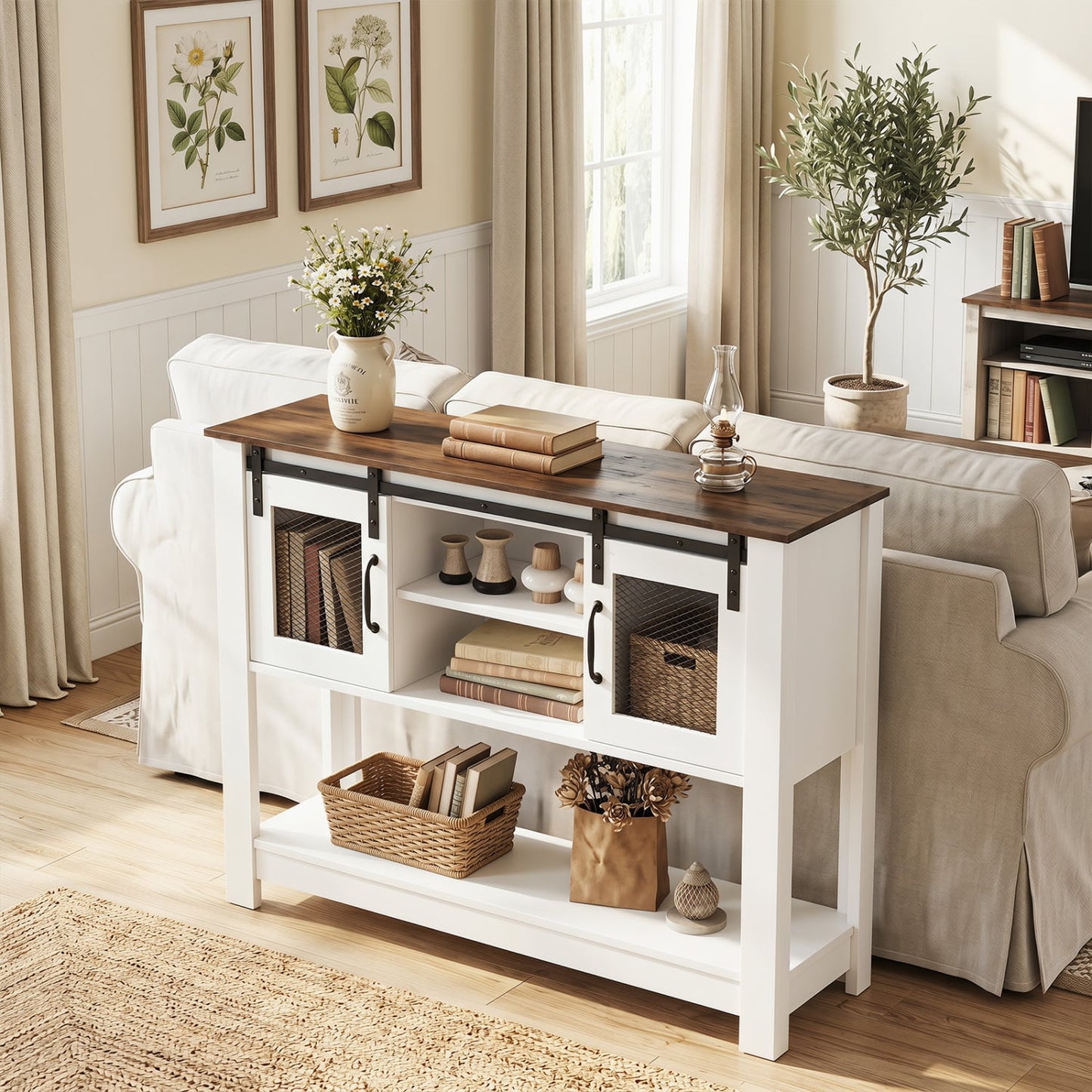 Console Table with Sliding Barn Doors and Storage Cabinets, Rustic Brown Console Tables at Gallery Canada