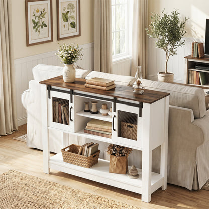 Console Table with Sliding Barn Doors and Storage Cabinets, Rustic Brown Console Tables at Gallery Canada