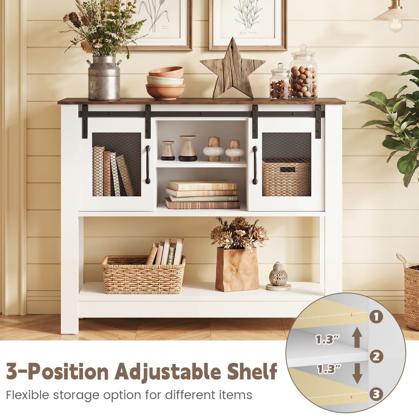 Console Table with Sliding Barn Doors and Storage Cabinets, Rustic Brown Console Tables at Gallery Canada
