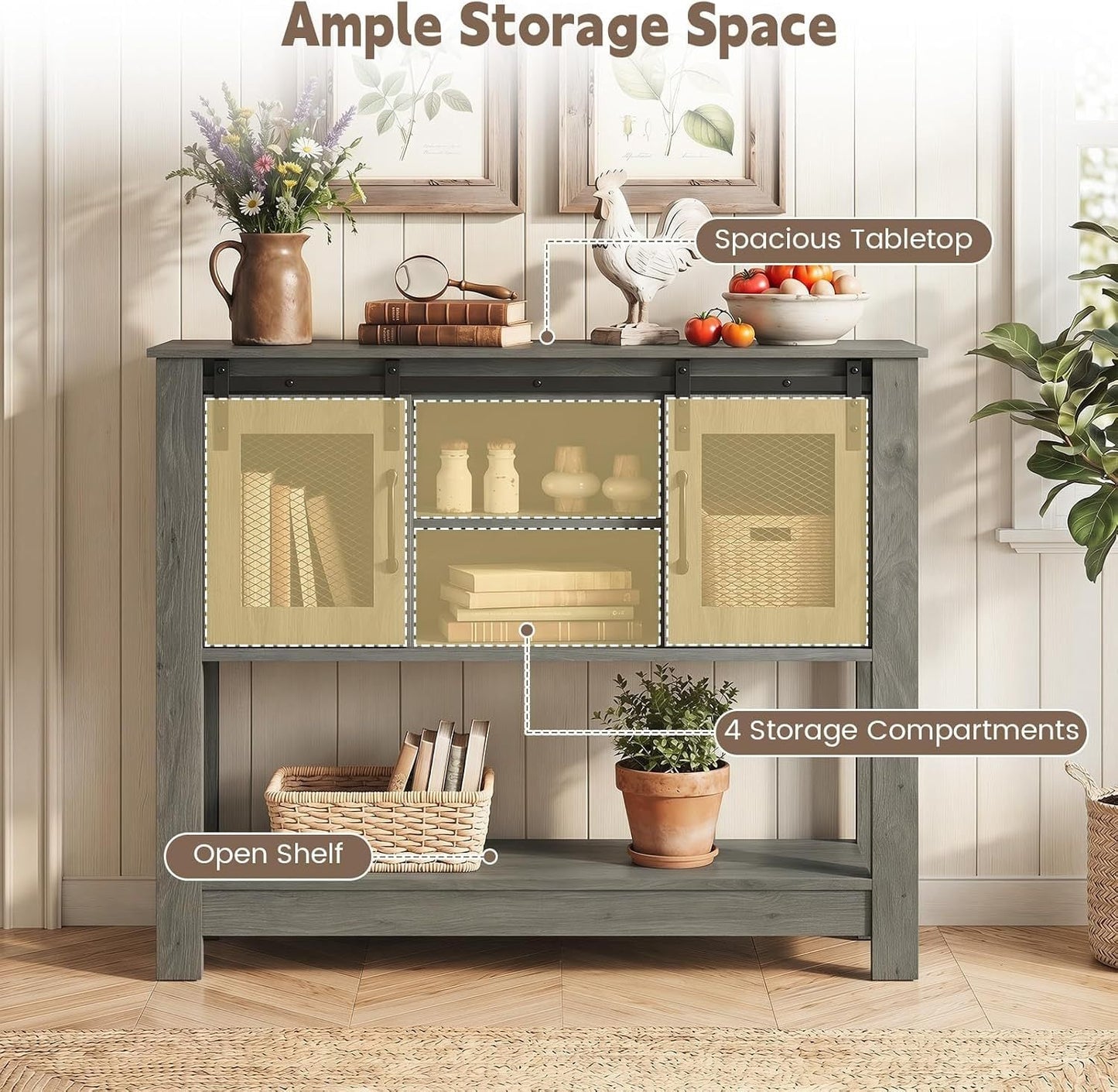 Console Table With Sliding Barn Doors, Gray