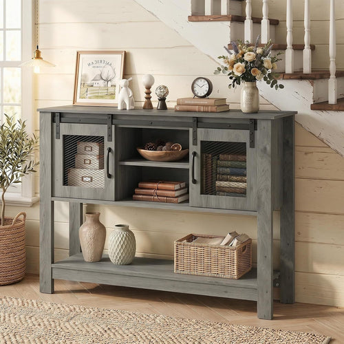 Console Table With Sliding Barn Doors, Gray