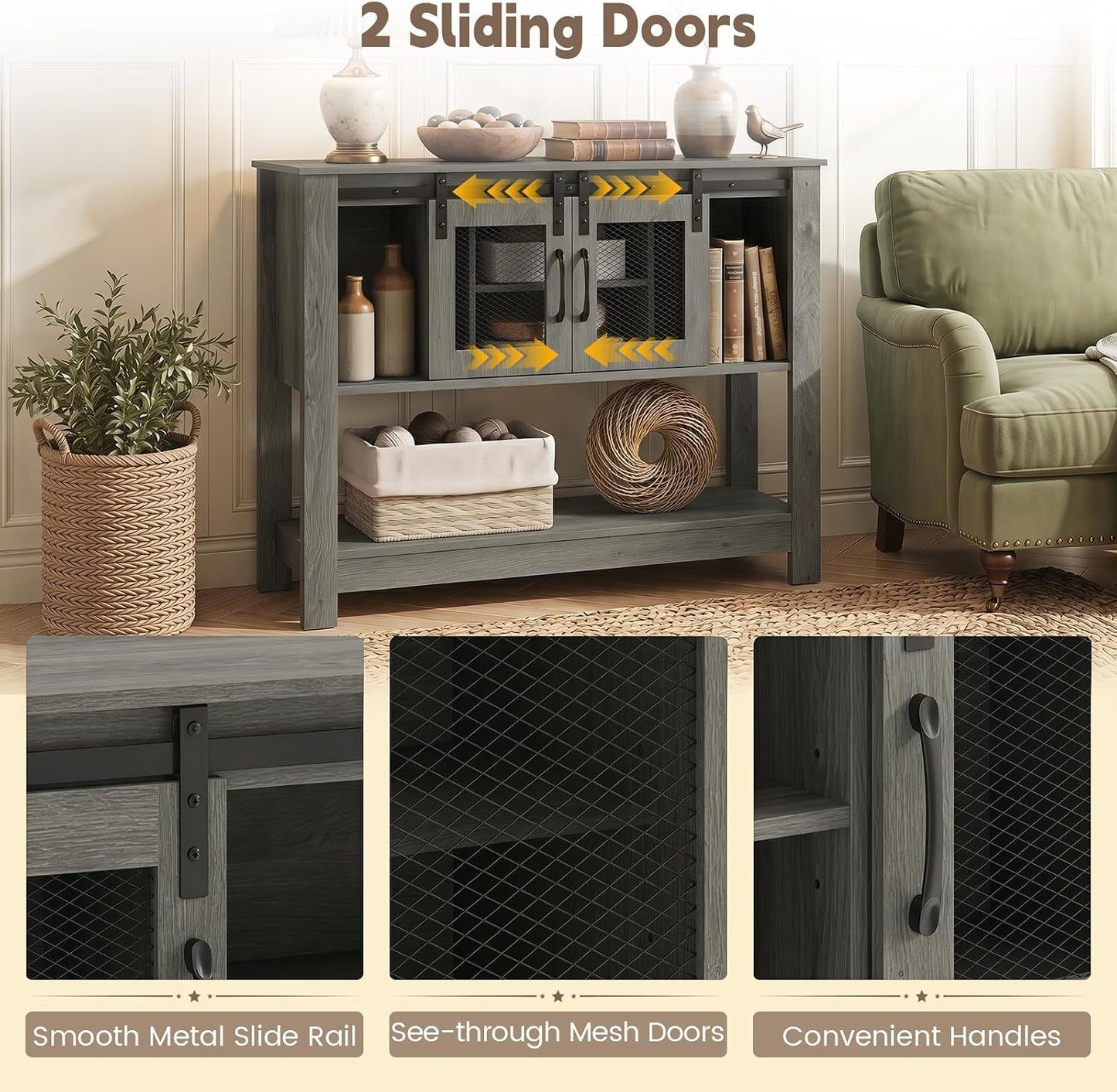 Console Table With Sliding Barn Doors, Gray