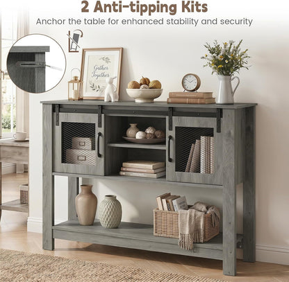 Console Table With Sliding Barn Doors, Gray