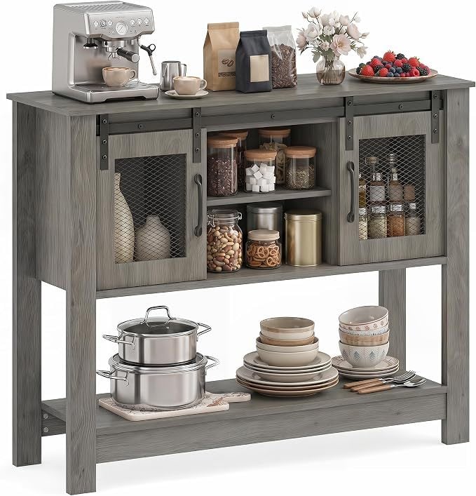 Console Table With Sliding Barn Doors, Gray