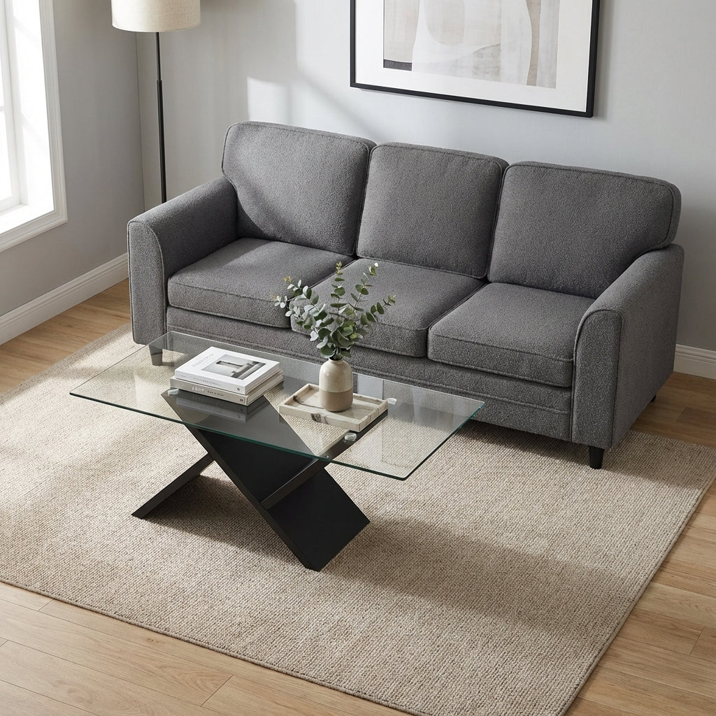 Modern 3-Seat Teddy Velvet Sofa, 47-Inch Glass Coffee Table Living Room at Gallery Canada